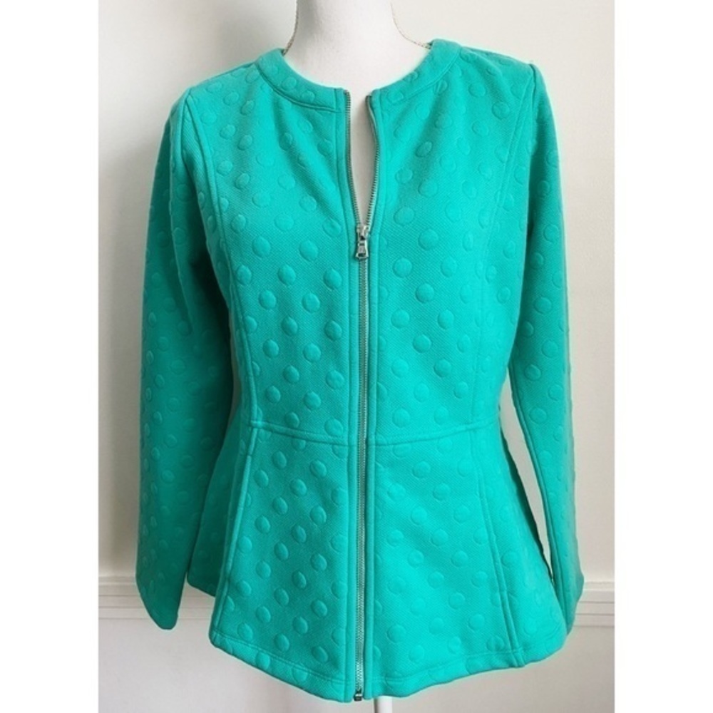Isaac Mizrahi Live Teal Polka Dot Jacquard Zip Up